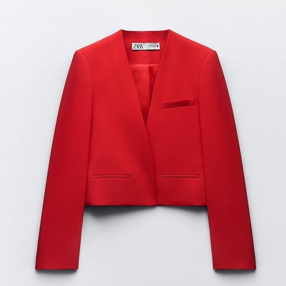 Zara Red Collarless Crop Blazer - Picture 13 of 16